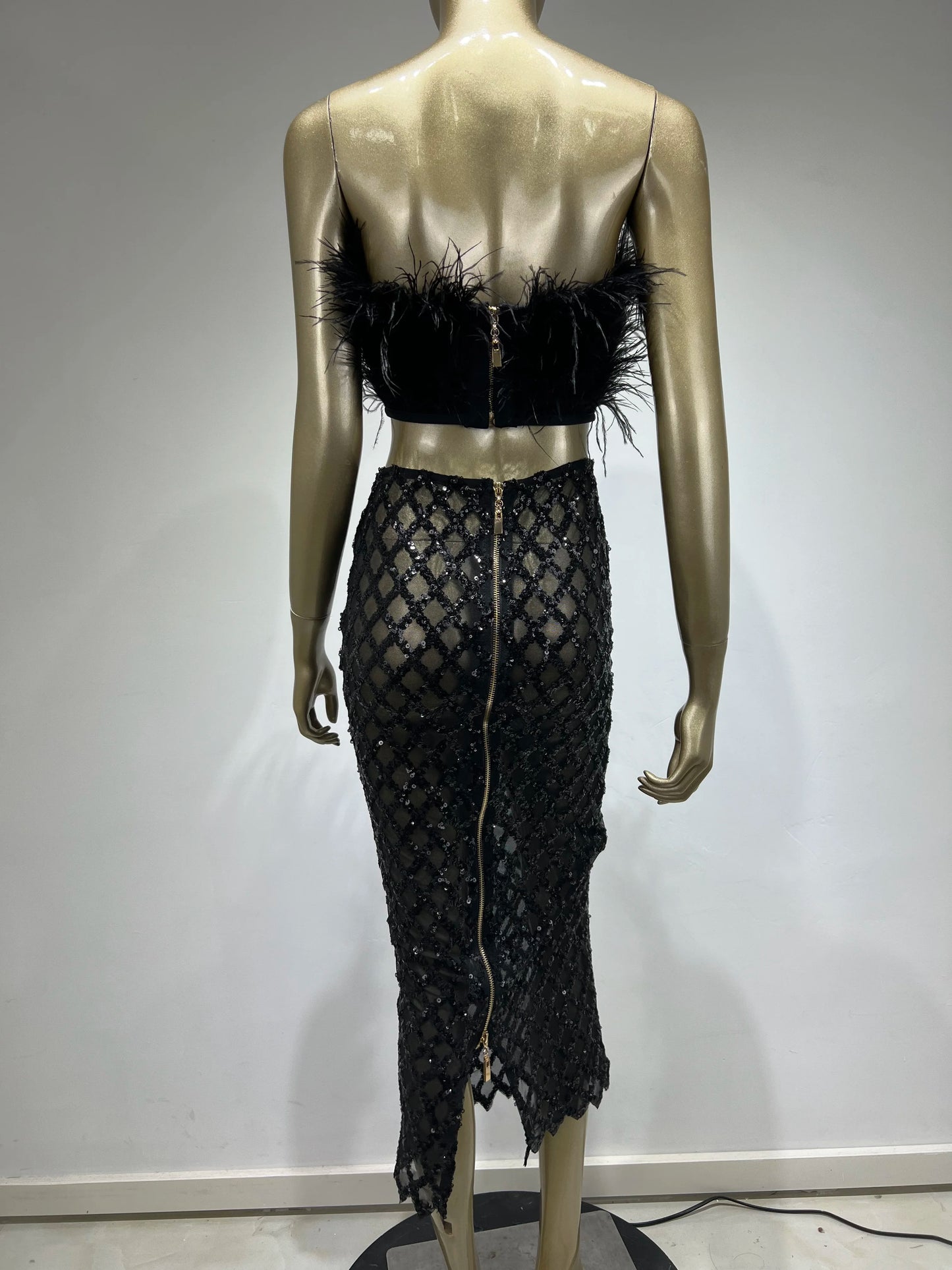 Strapless Feather Maxi Two Piece Dress HV8893