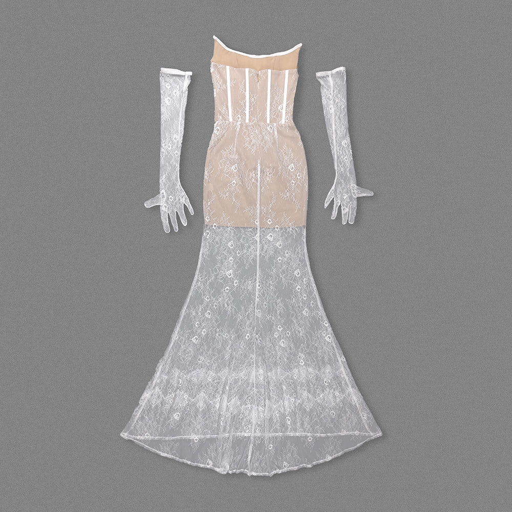 Strapless Lace Corset Maxi Dress White HV1507
