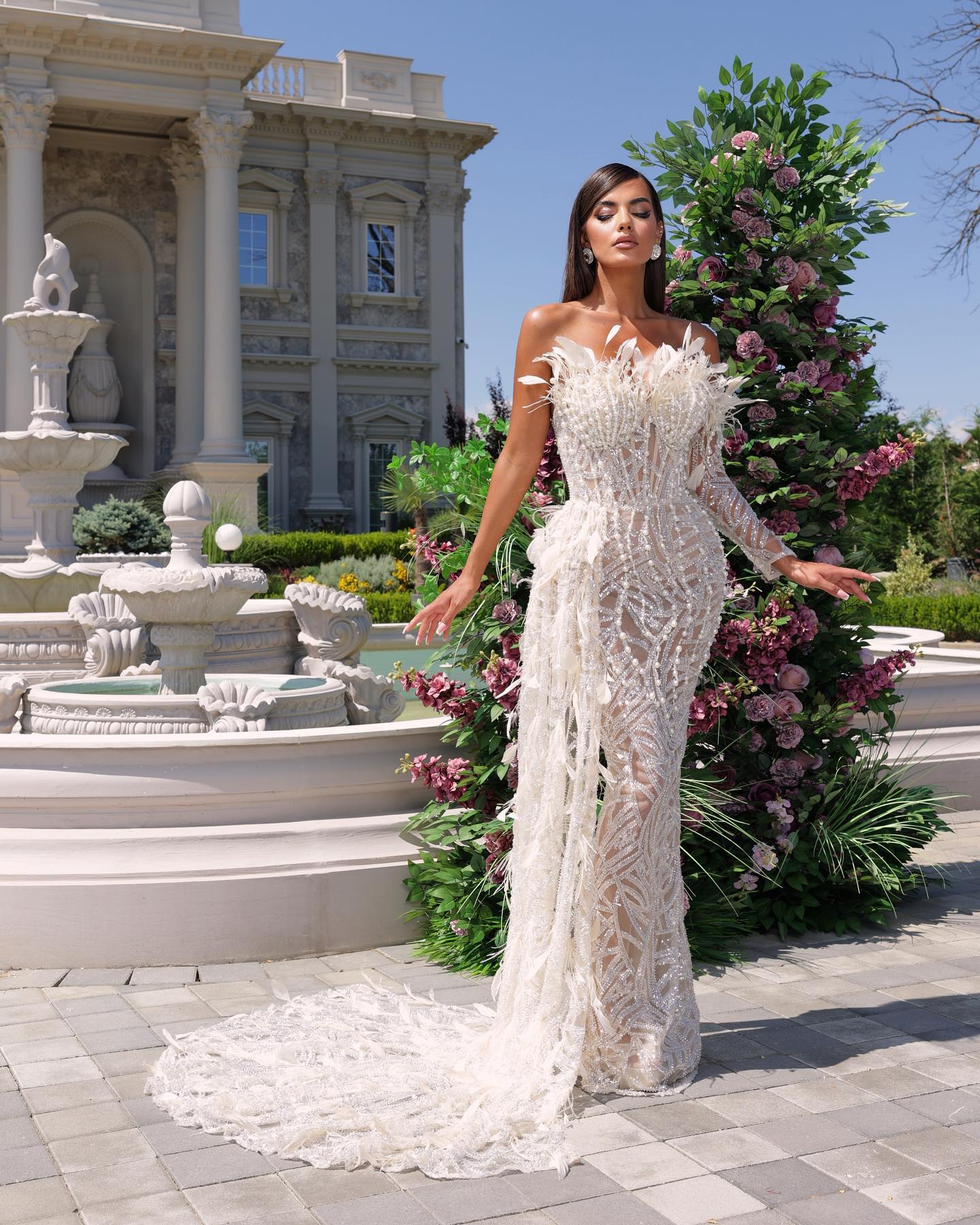 One Sleeve Strapless Bustier Embellished Dress White HV1267