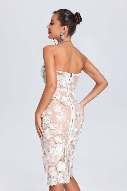 Strapless Bustier Floral Lace Midi Dress White HV1017