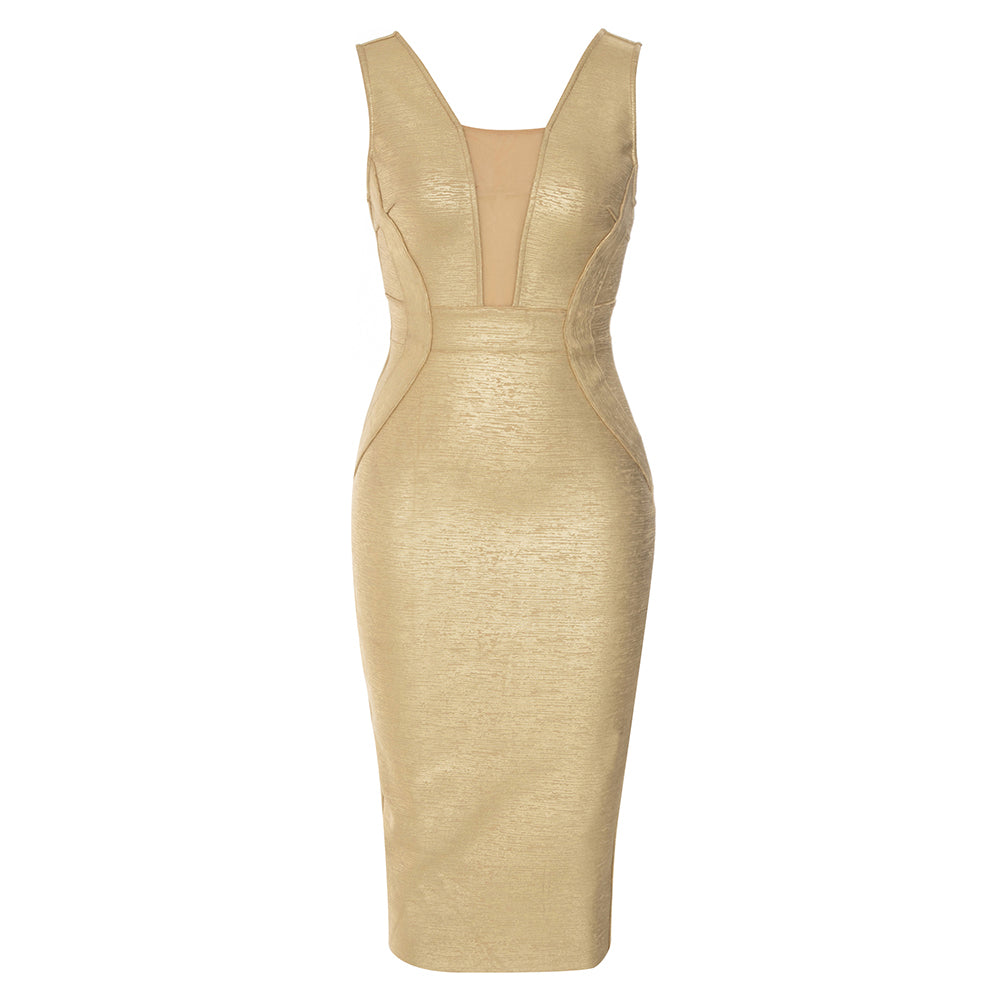 Mesh Insert Woodgrain Foil Print Midi Dress HV9838