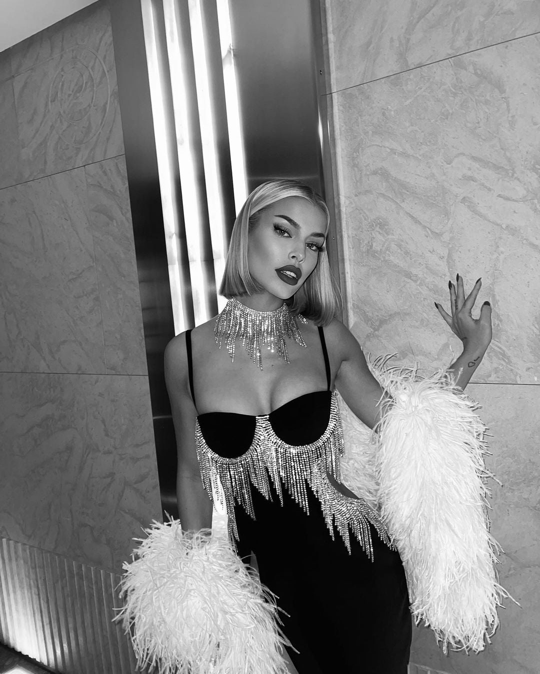 Bustier Rhinestone Tassel Maxi Dress Black HV8372