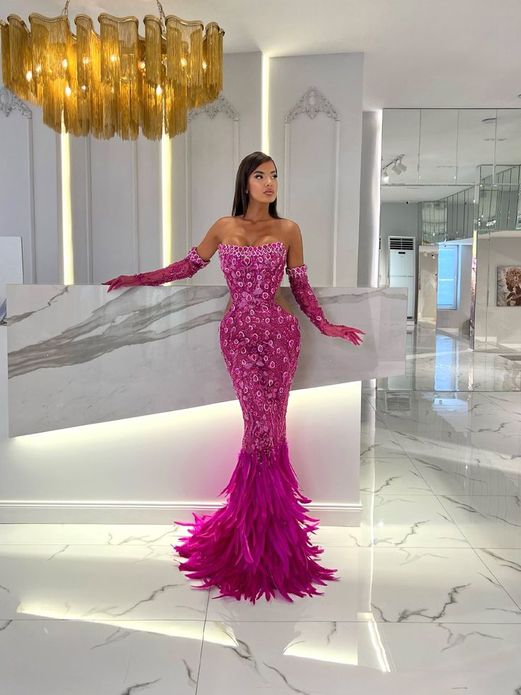 Strapless Sequin Feather Maxi Dress Hot Pink HV1553