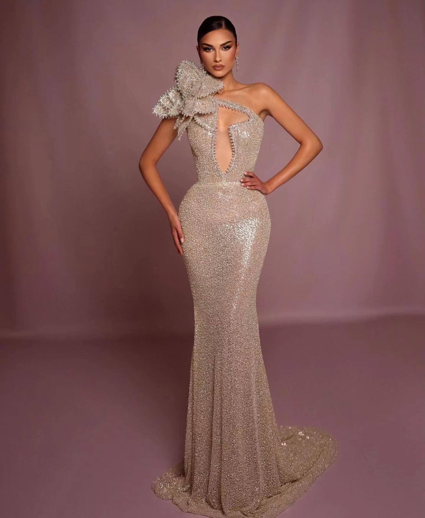 One Shoulder Pearl Sequin Maxi Dress Nude HV1782
