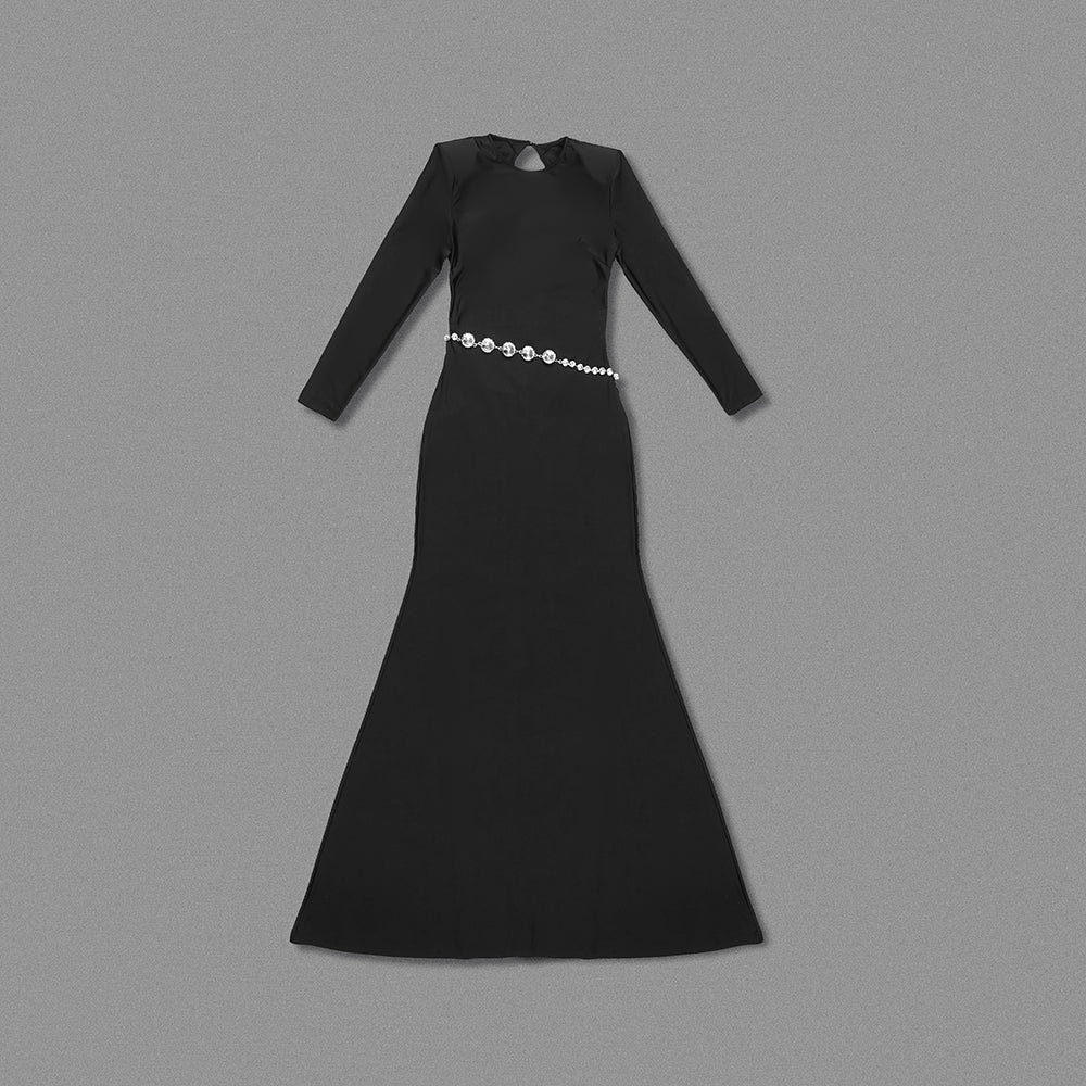 Long Sleeve Crystal Belt Maxi Dress Black HV9973