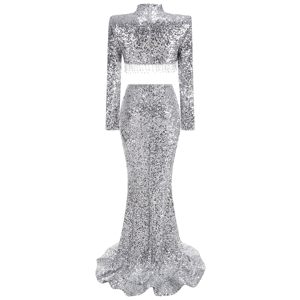 Long Sleeve Crystal Sequin Two Piece Maxi Dress Silver HV1984