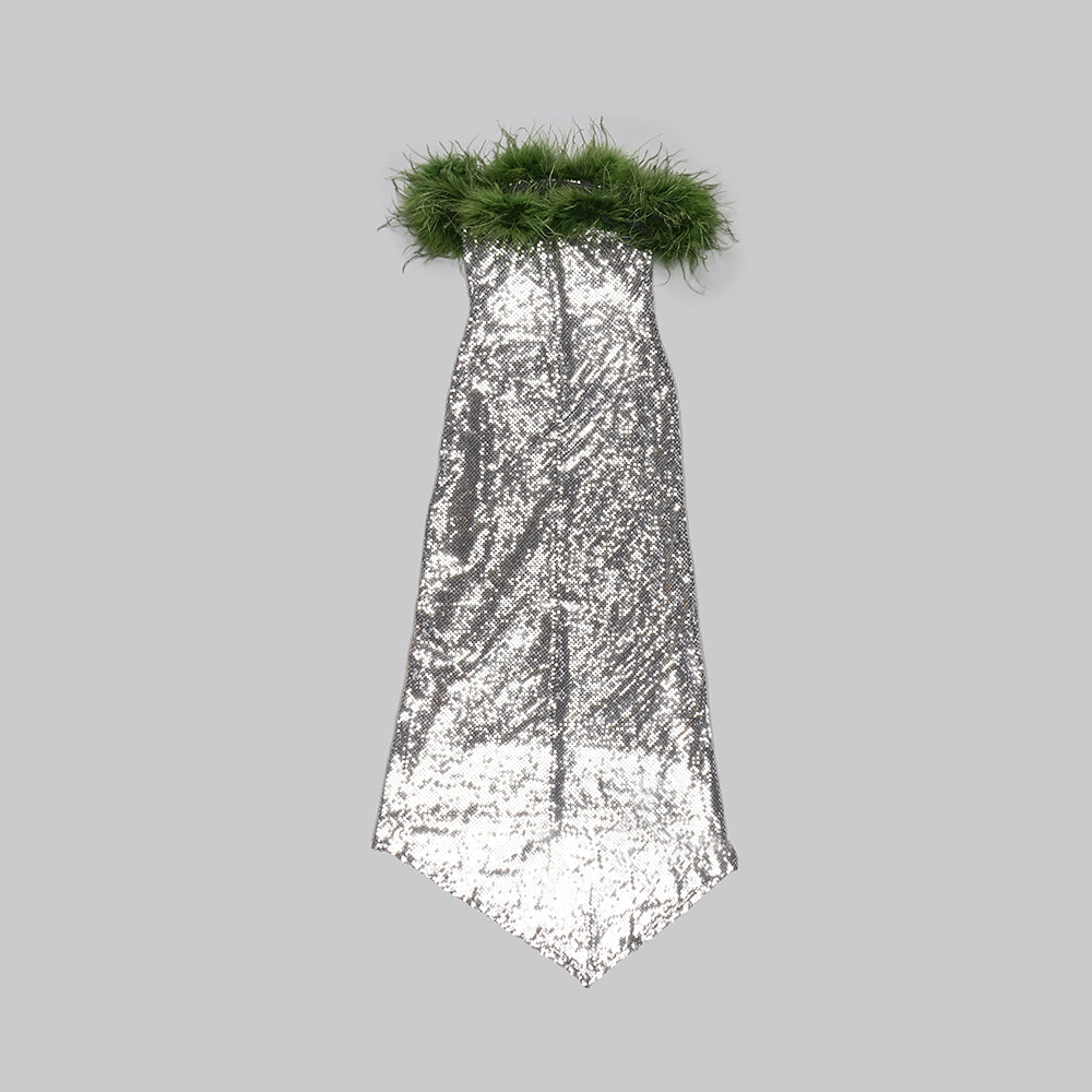 Feather Off Shoulder Sequin Maxi Dress Green Silver HV9631