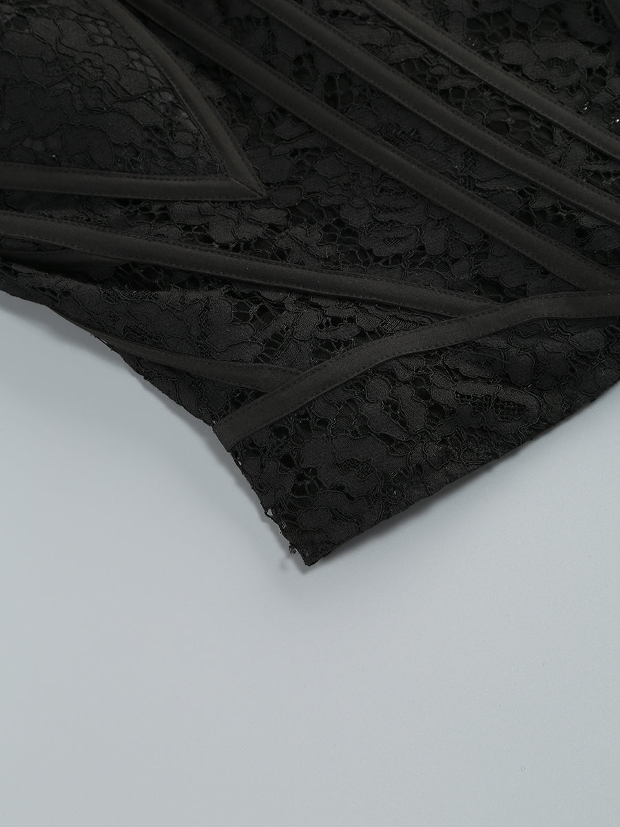 Strapless Lace Corset A Line Two Piece Maxi Dress Black