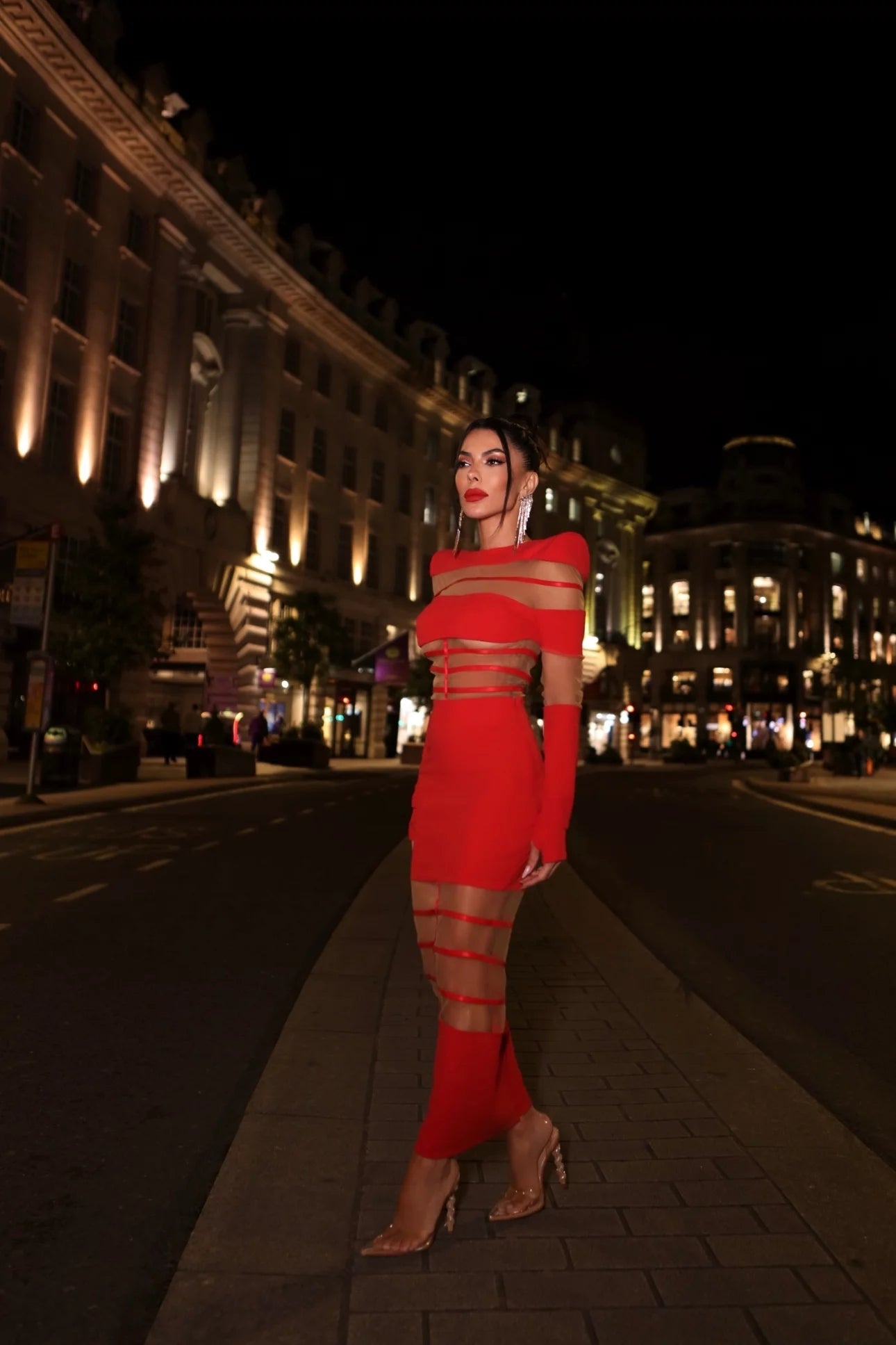 Long Sleeve Mesh Insert Midi Dress HV1502