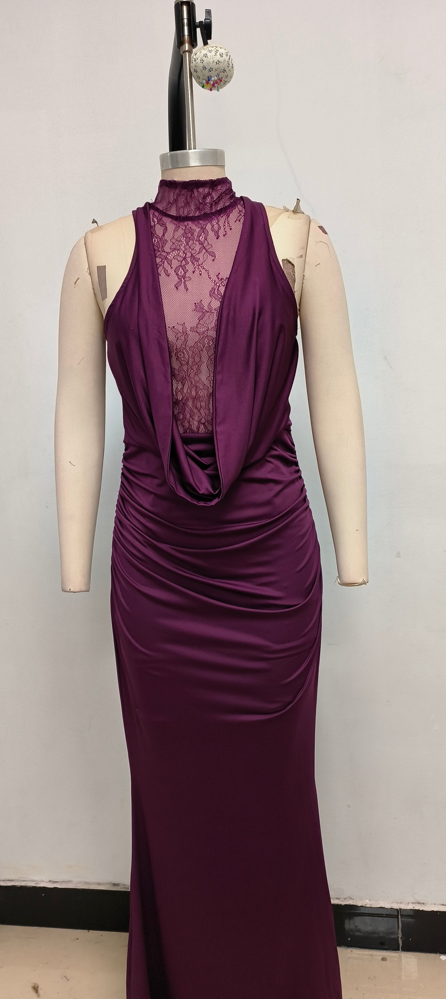 Halter Lace Insert Maxi Dress Plum HV1930
