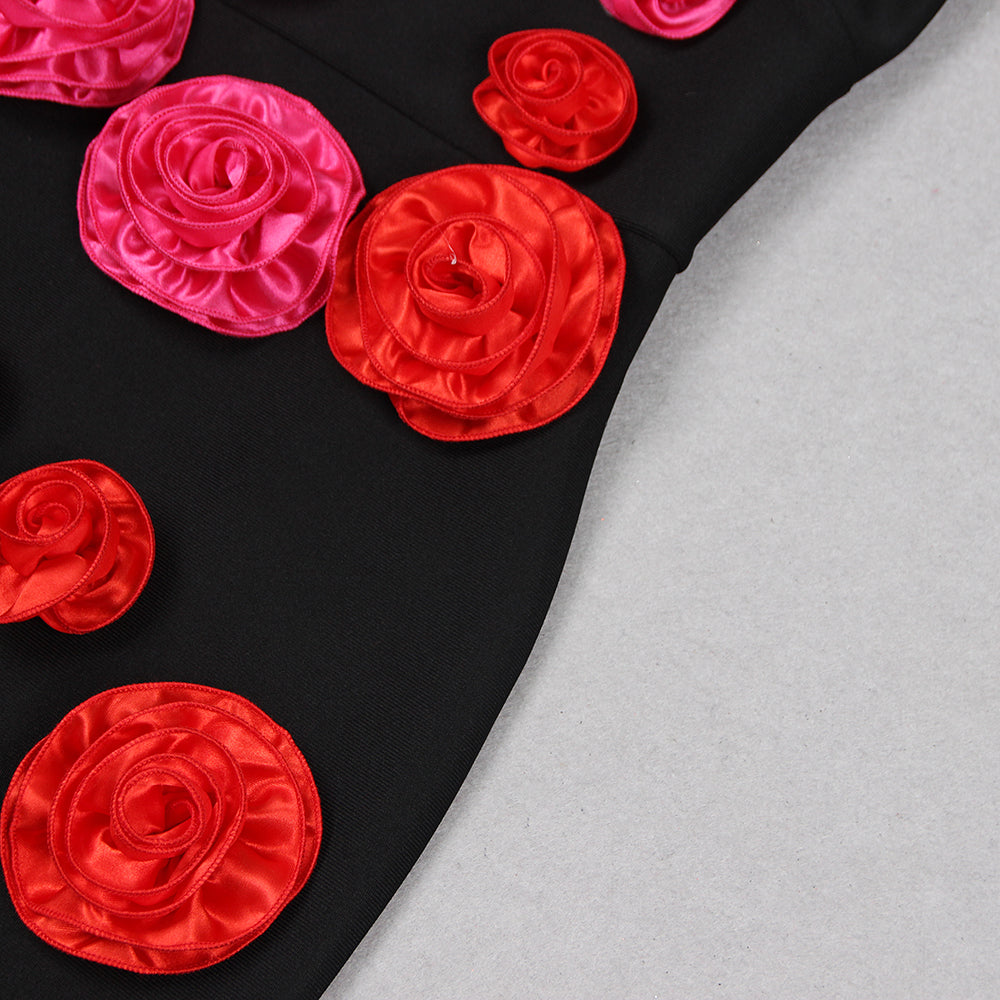 One Shoulder Rose Detail Midi Dress Black HV1094
