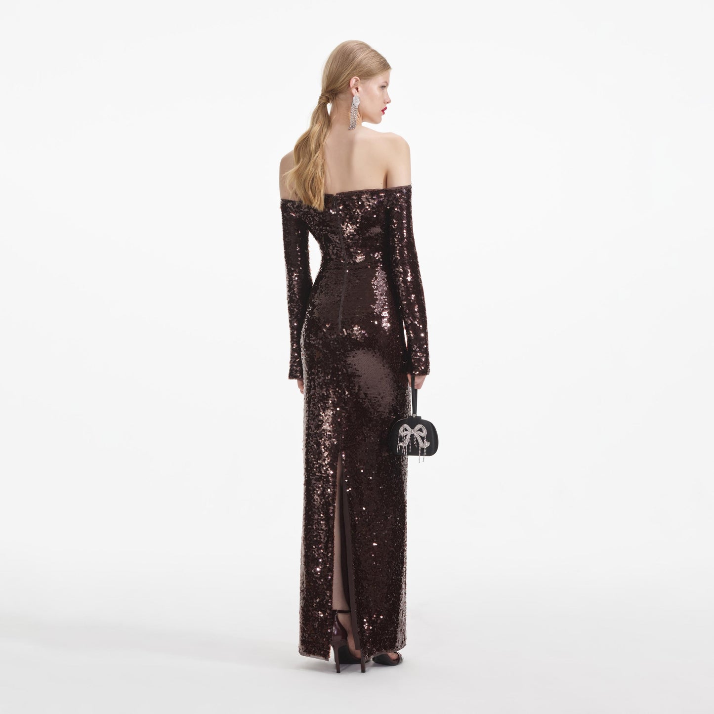 Long Sleeve Bardot Sequin Maxi Dress Brown HV1929