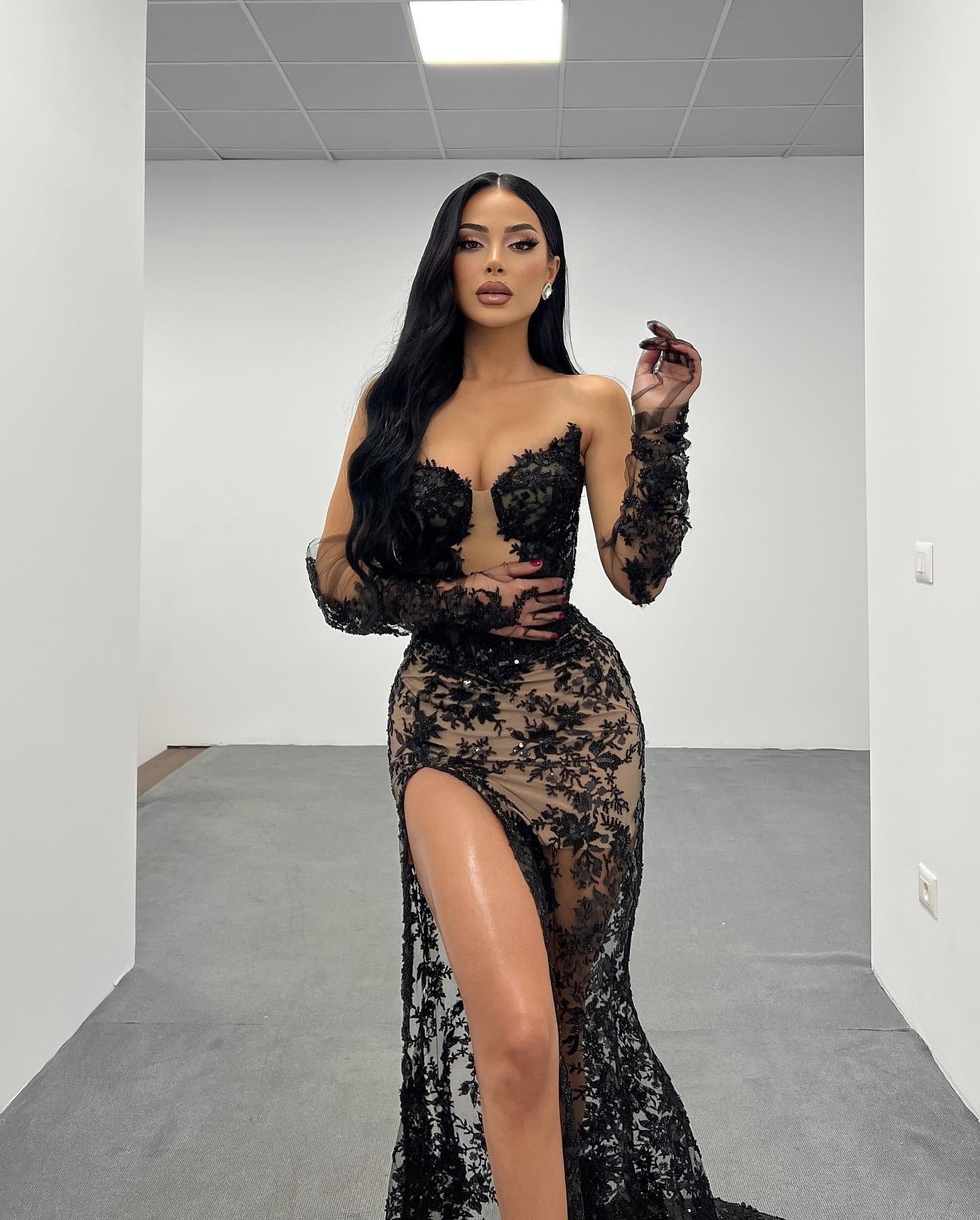 Strapless Sequin Lace Maxi Dress Black HV1630