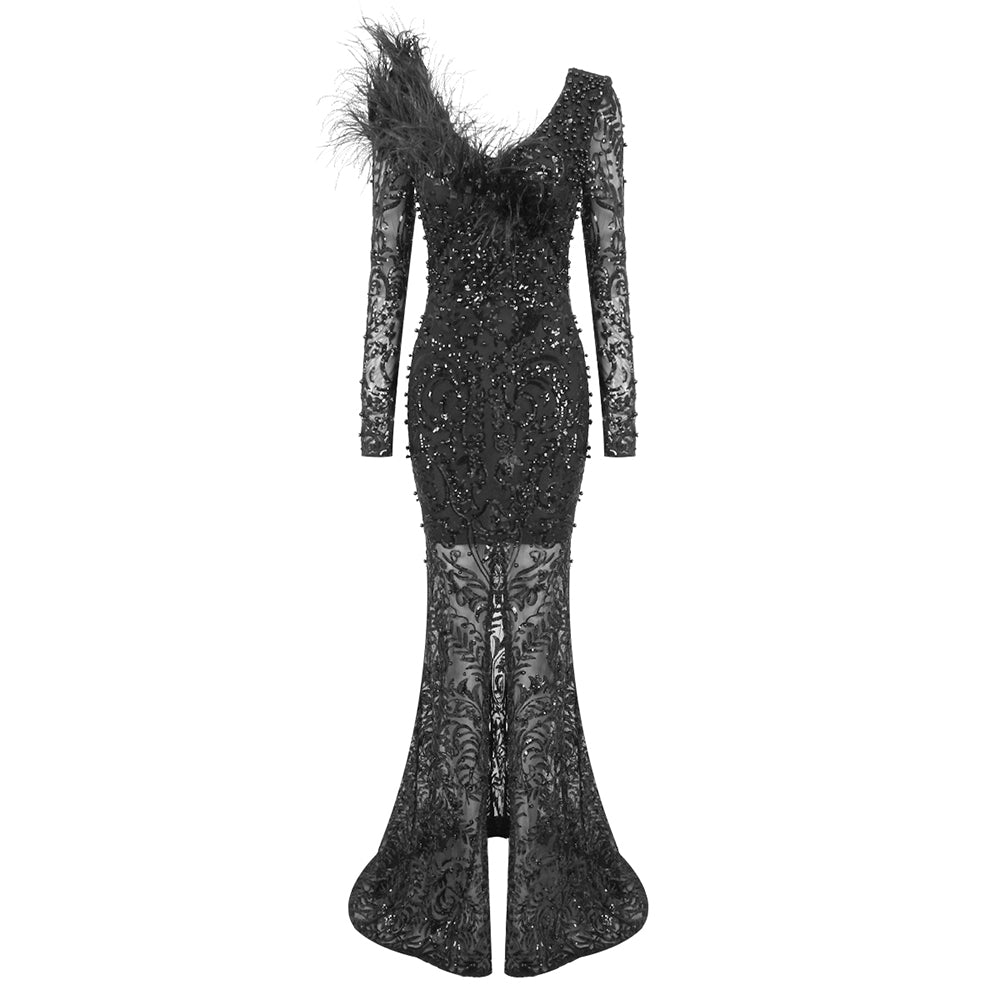 Long Sleeve Feather Detail Sequin Maxi Dress Black HV1799