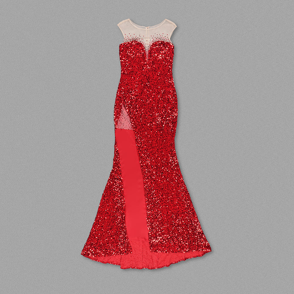 Mesh Insert Sequin Mermaid Maxi Dress Red HV1148