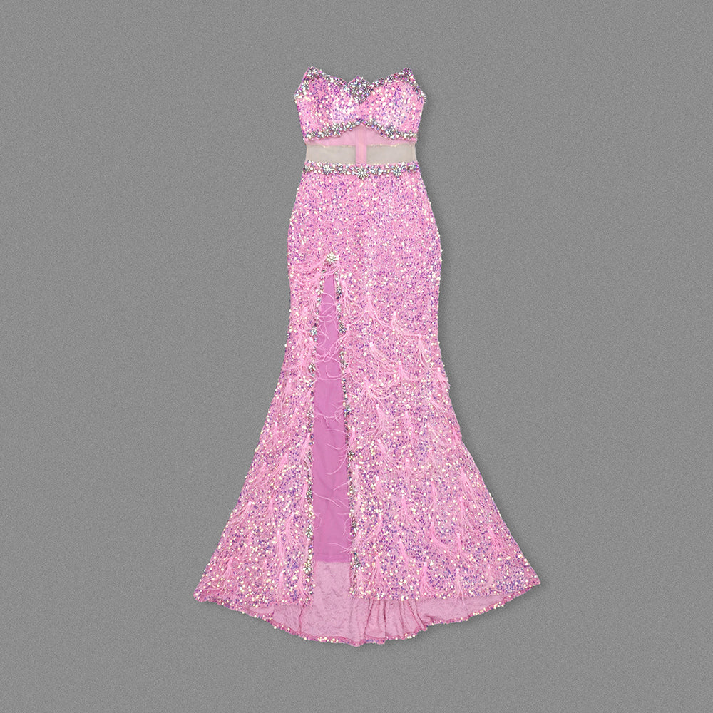 Strapless Crystal Sequin Maxi Dress Pink HV1914