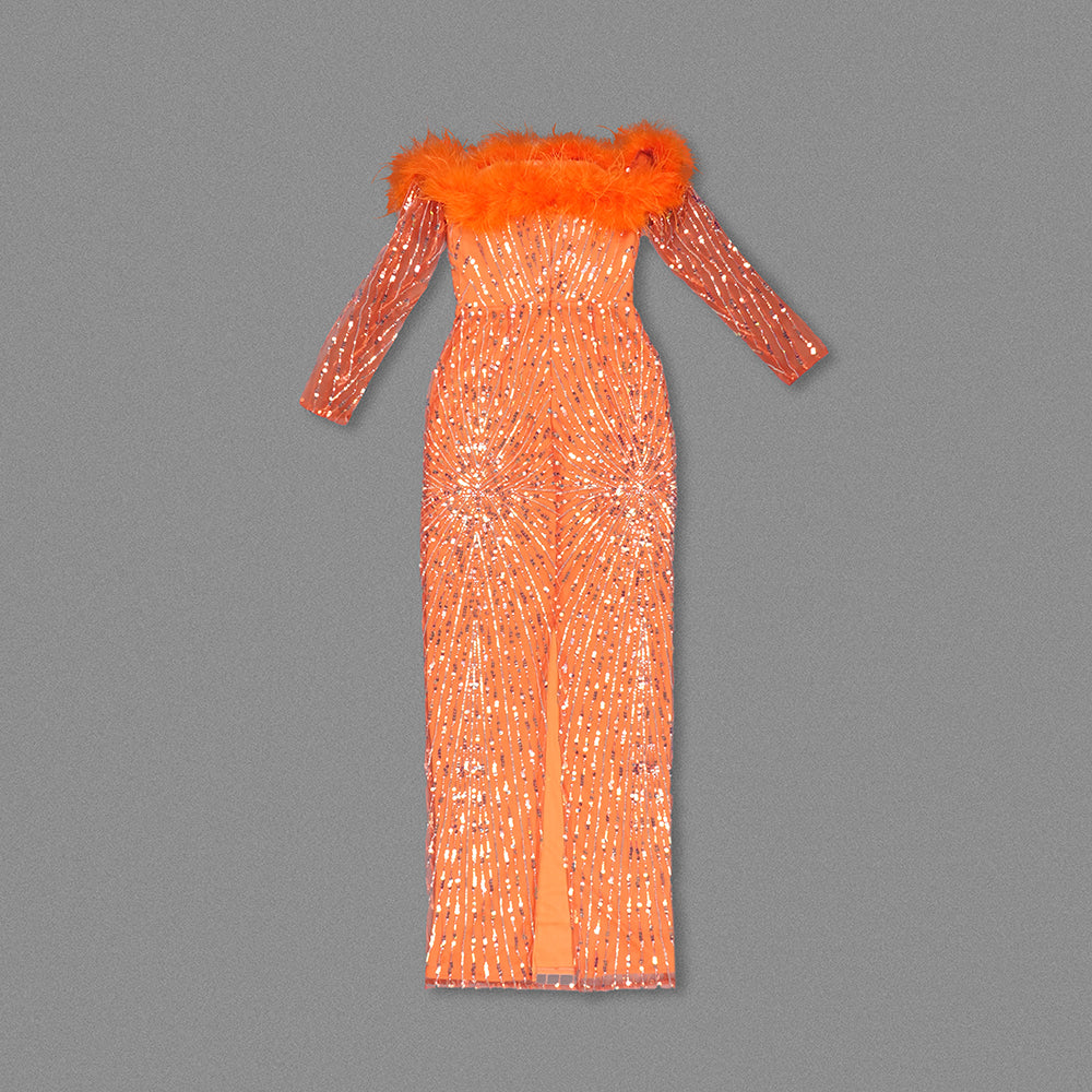 Long Sleeve Feather Bardot Sequin Maxi Dress HV1757