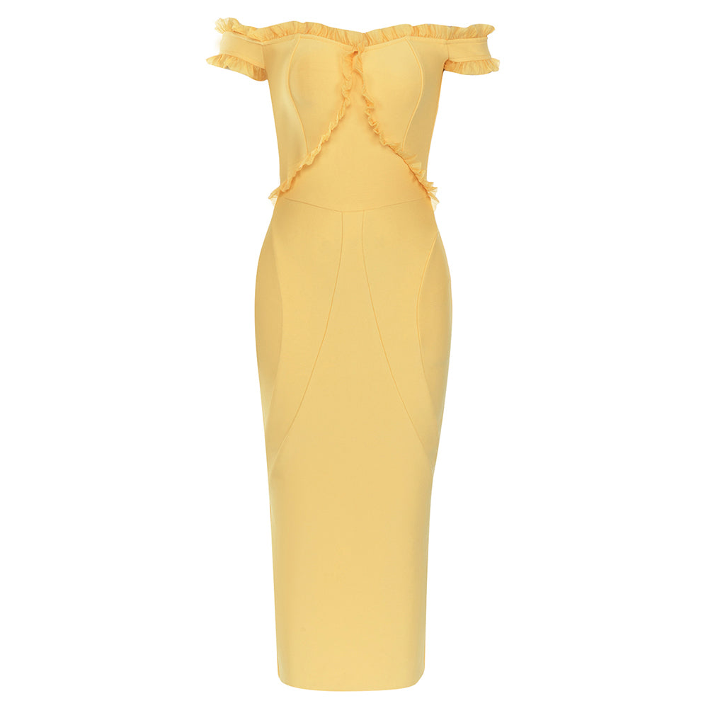 Off Shoulder Ruffle Detail Midi Dress Yellow HV9692