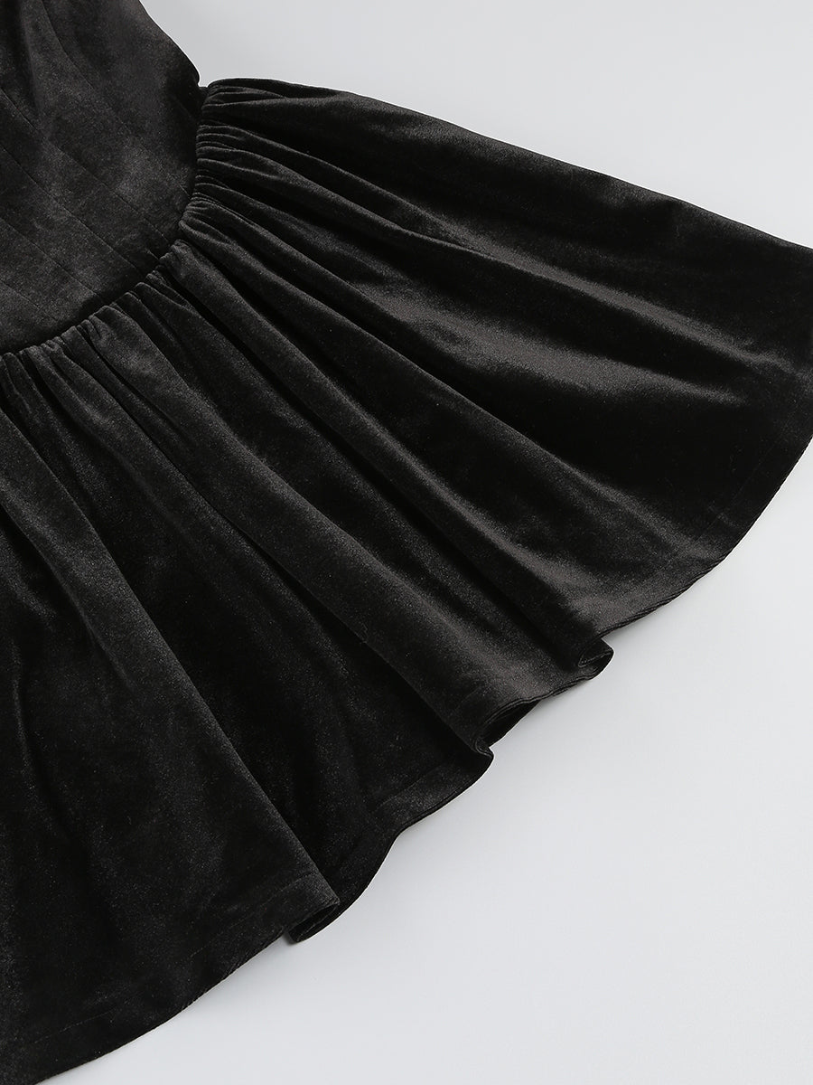 Flower Detail Strapless A Line Velvet Dress Black HV1173