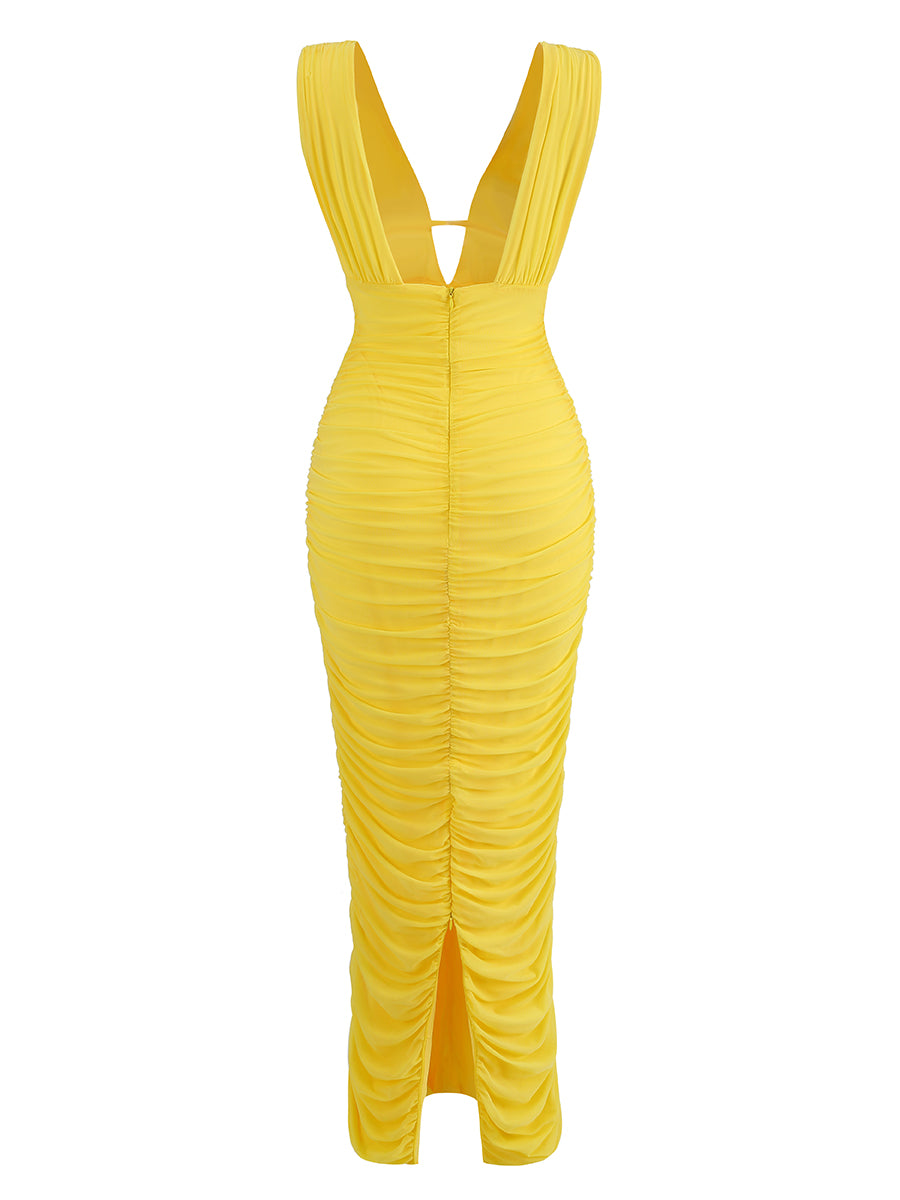 Plunge V Neck Ruched Maxi Dress Yellow HV9828