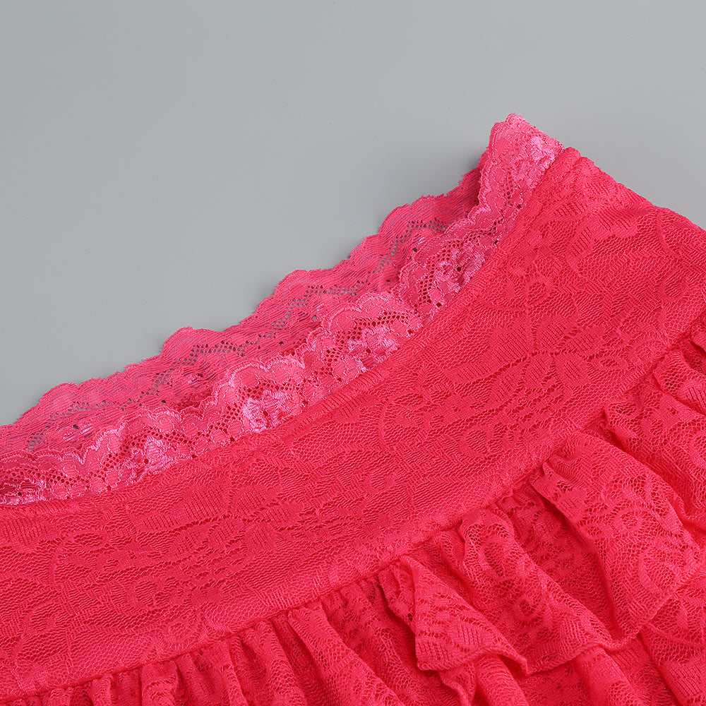Long Sleeve Lace Ruffle Two Piece Dress Hot Pink HV1434