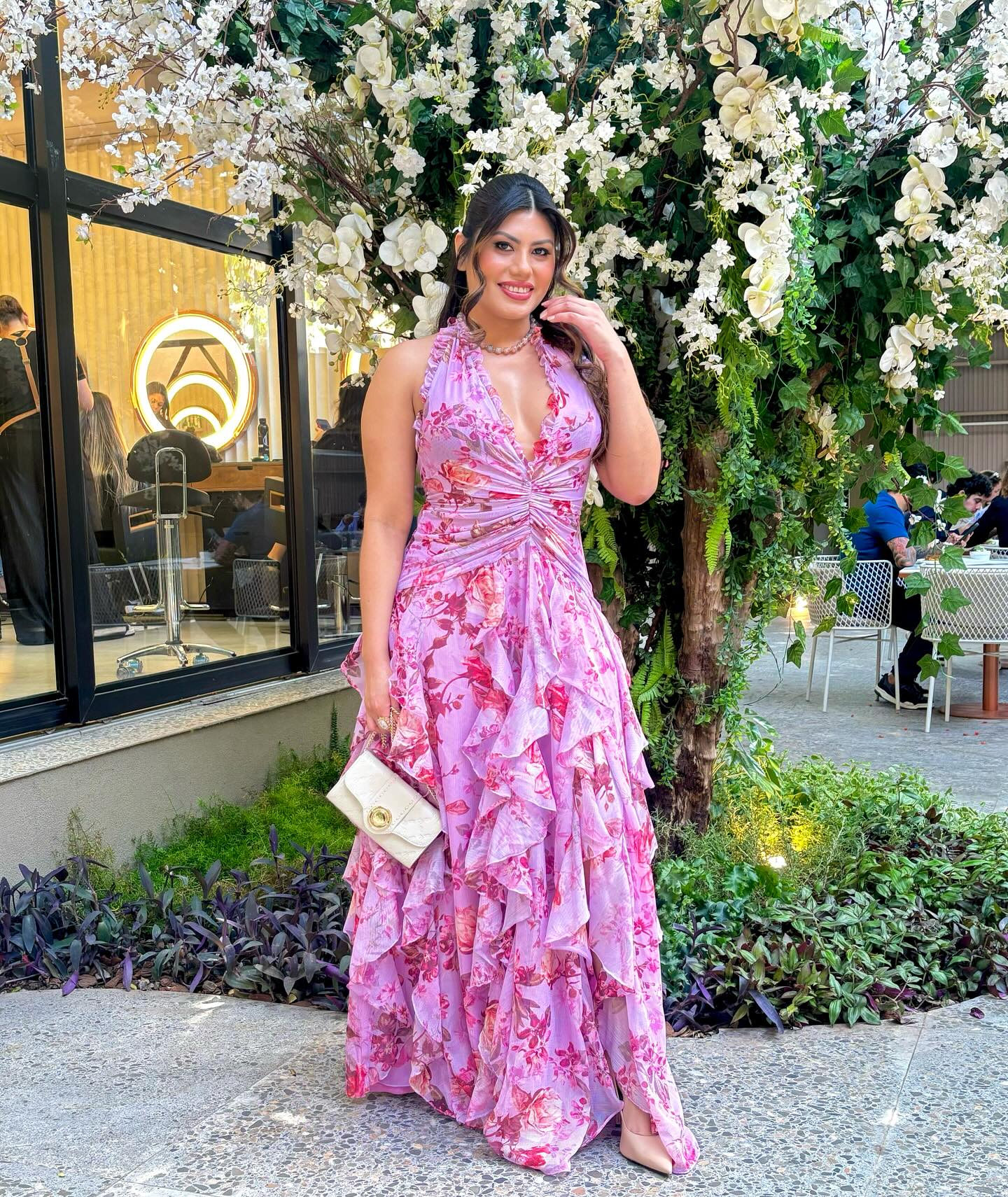 Halter Floral Ruffle Maxi Dress Pink HV2137