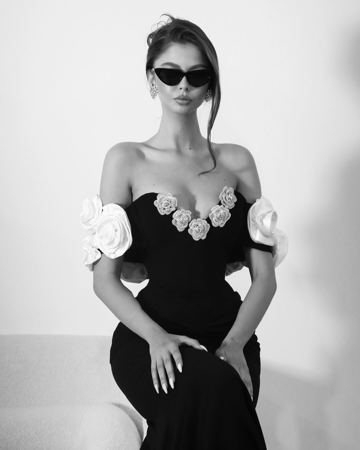 Floral Bardot Maxi Dress Black White HV1469