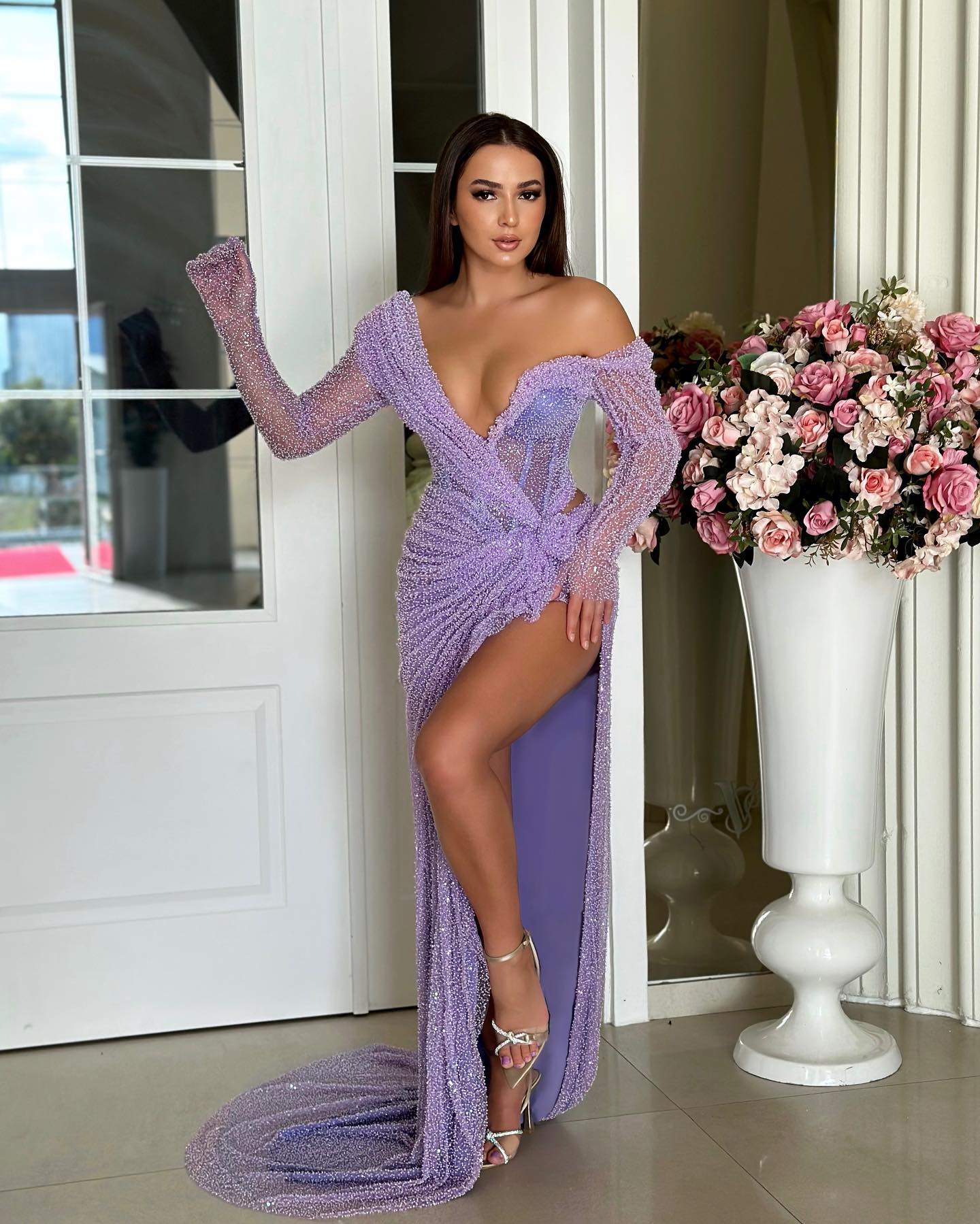 Long Sleeve Floral Sequin Maxi Dress Lavender HV1797