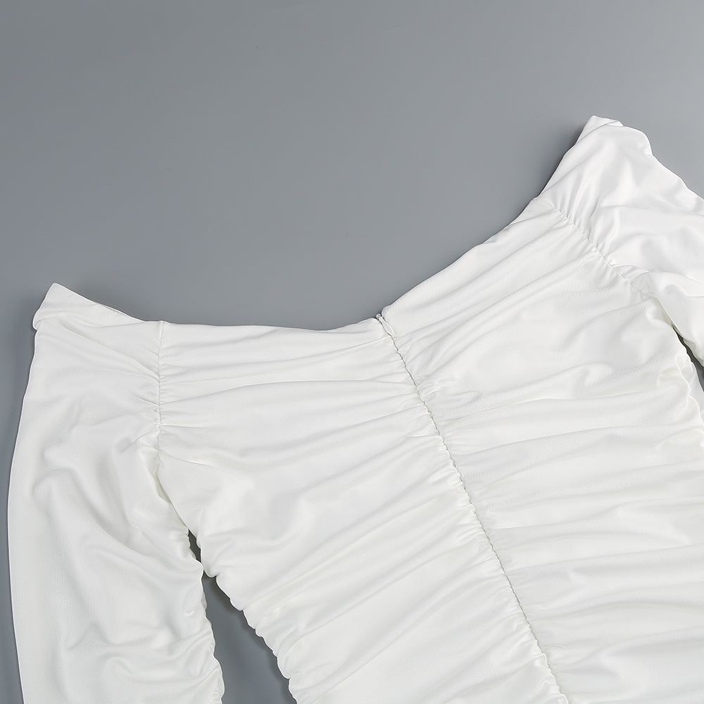 Long Sleeve Ruched Bardot Midi Dress White HV1923