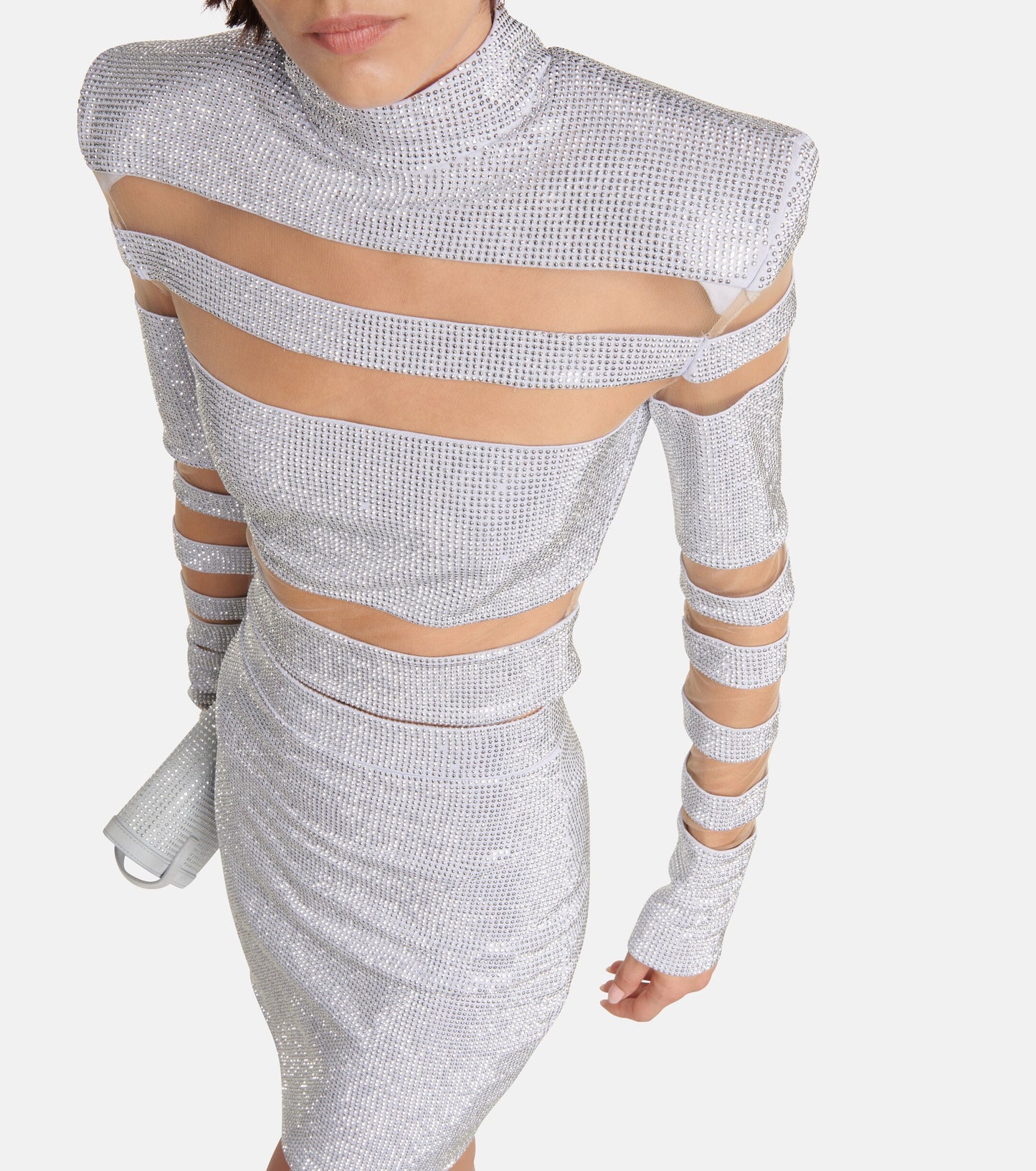 Long Sleeve Studded Mesh Two Piece Dress HV1939