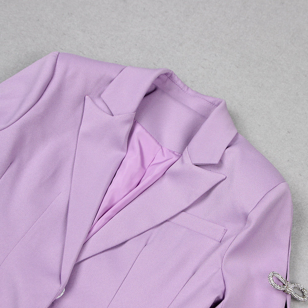 Long Sleeve Crystal Bow Blazer Dress Lavender