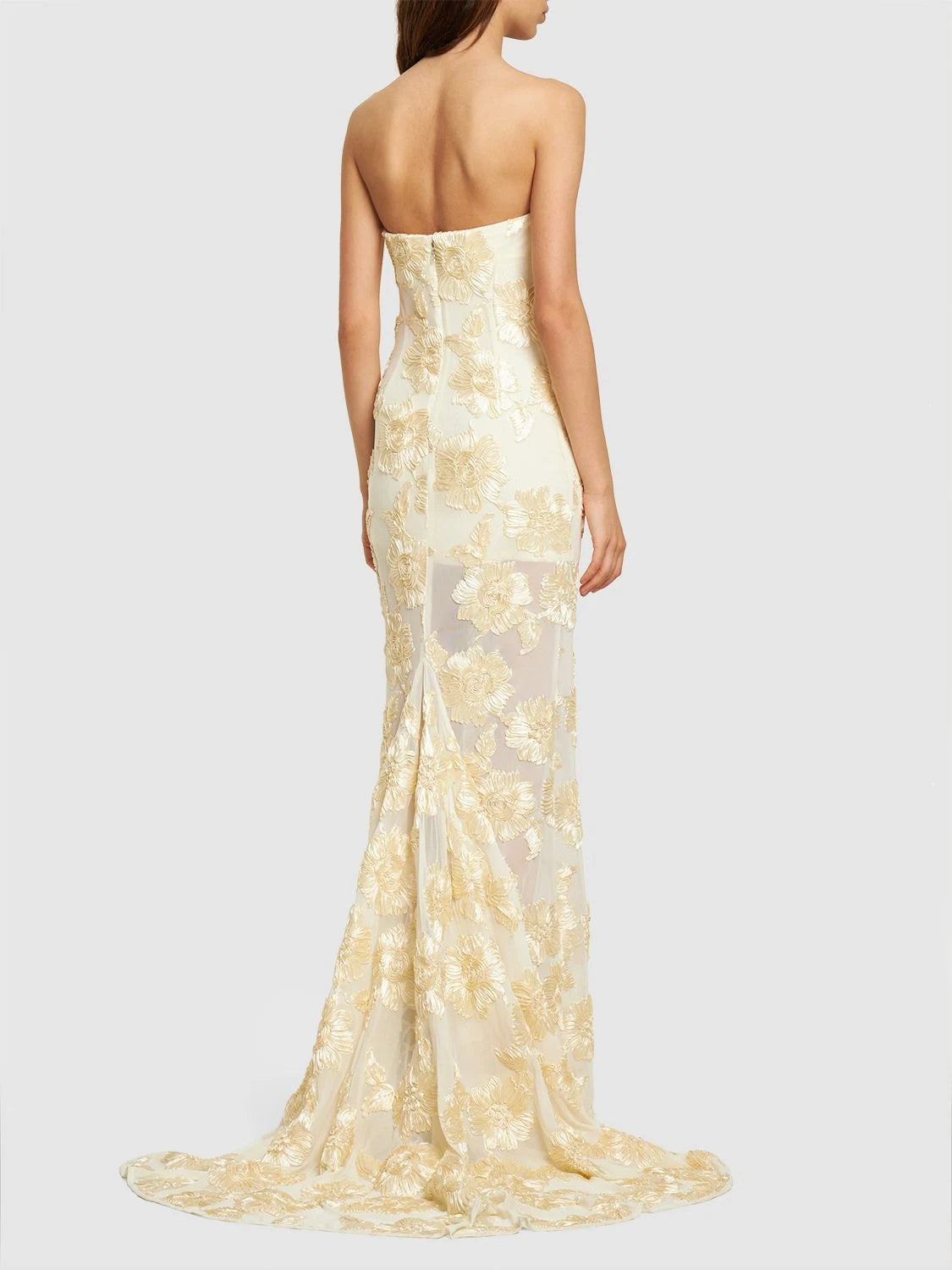 Strapless Floral Tail Maxi Dress Ivory HV1408