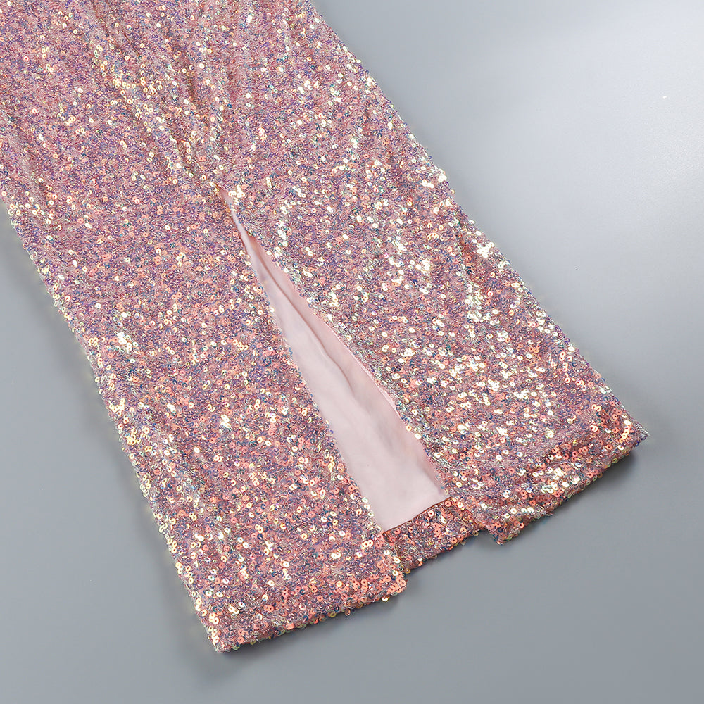 Feather Detail Sequin Midi Dress Pink White