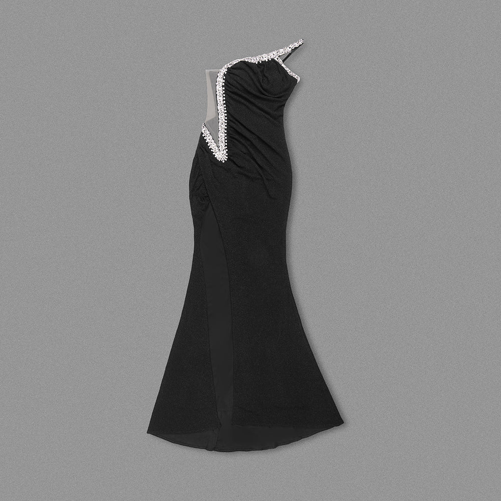 Crystal One Shoulder Mermaid Dress Black HV1165