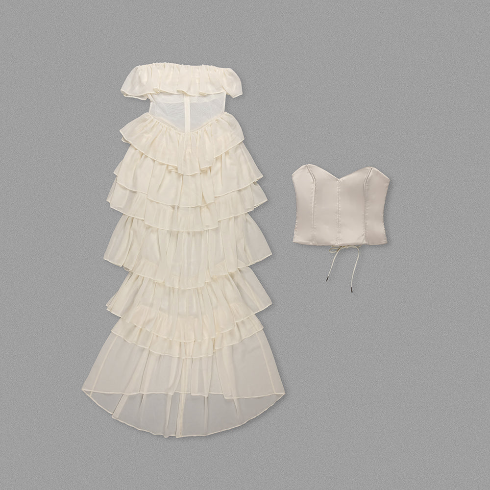 Strapless Corset Ruffle Maxi Dress Ivory HV1230