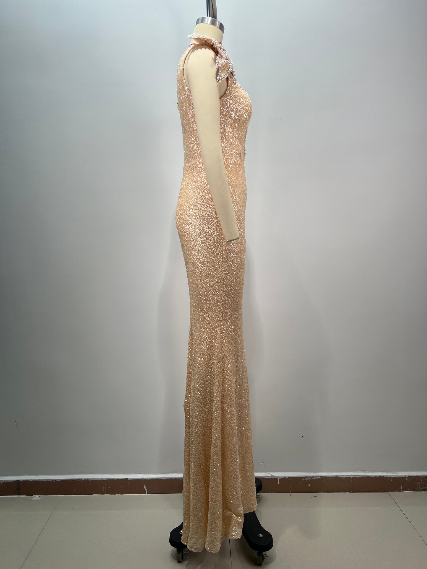 One Shoulder Pearl Sequin Maxi Dress Nude HV1782