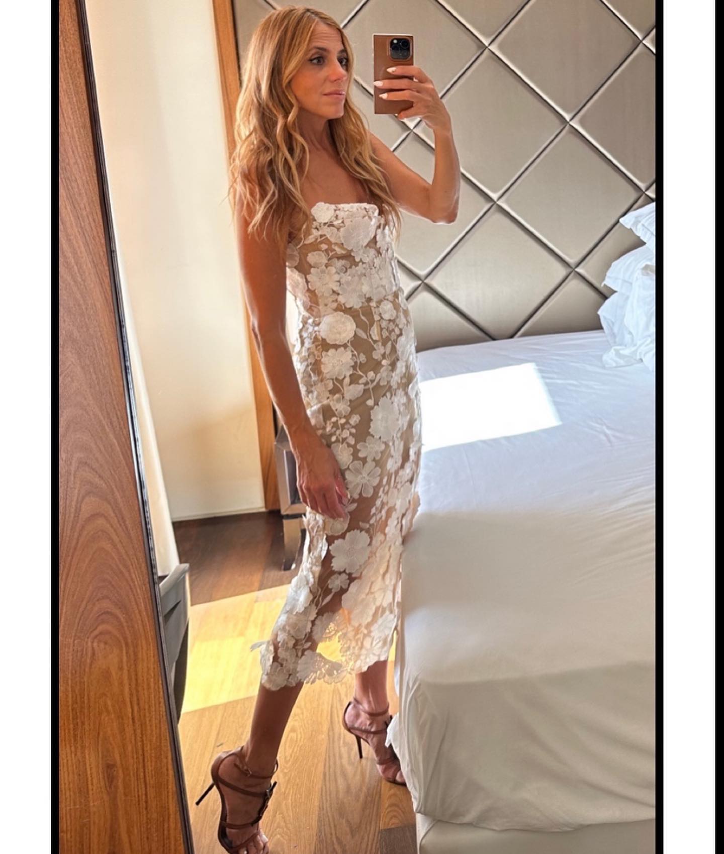 Strapless Bustier Floral Lace Midi Dress White HV1017
