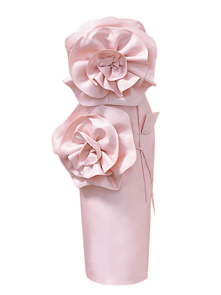 Strapless Flower Detail Corset Midi Dress Ivory