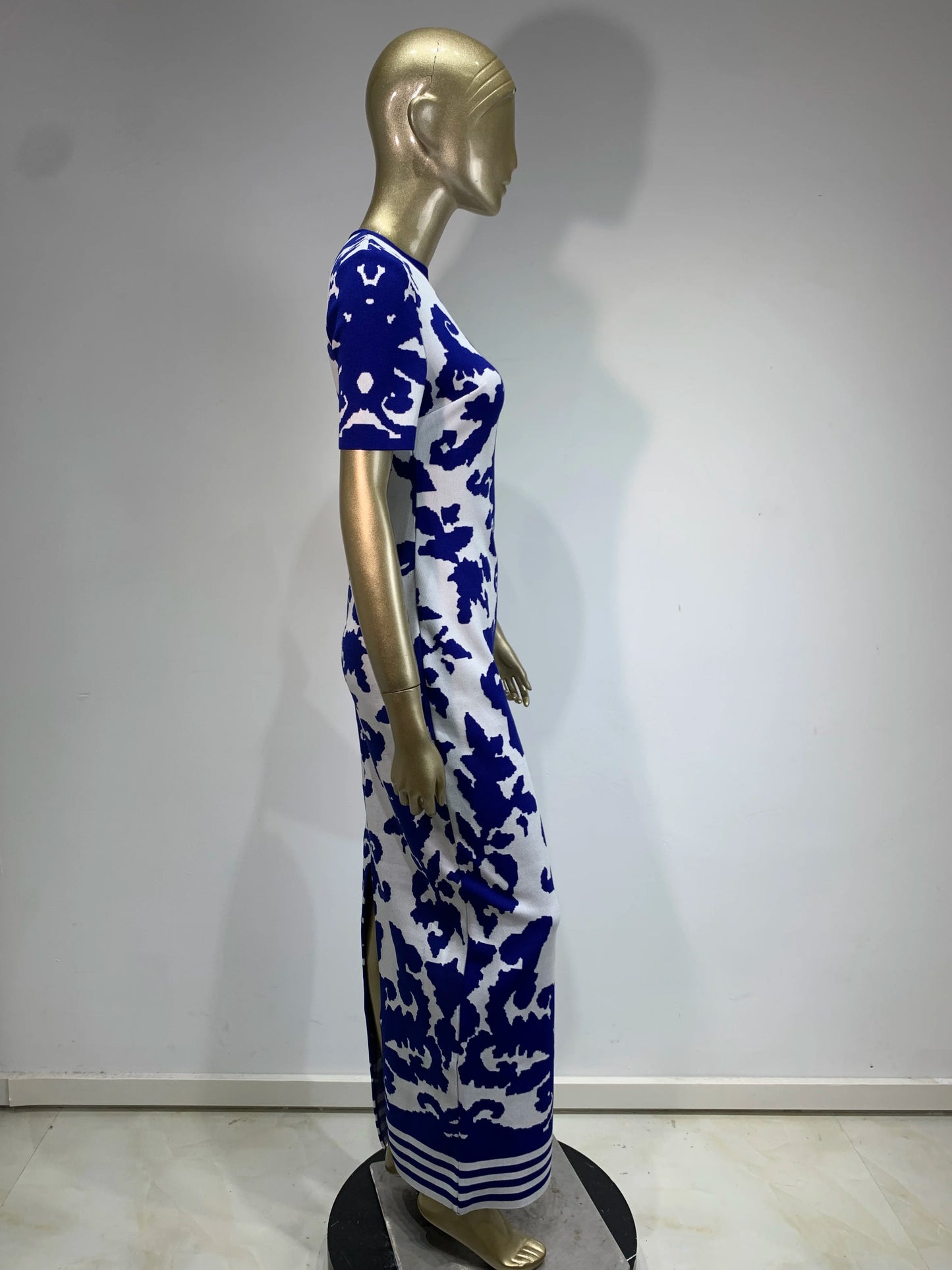 Short Sleeve Printed Maxi Dress Blue White HV1737