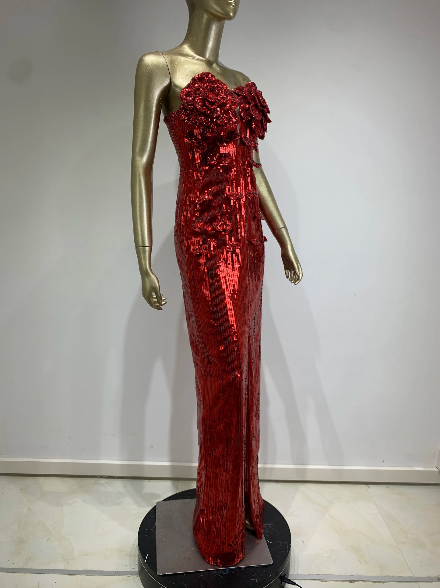 Strapless Flower Sequin Maxi Dress Red HV1007