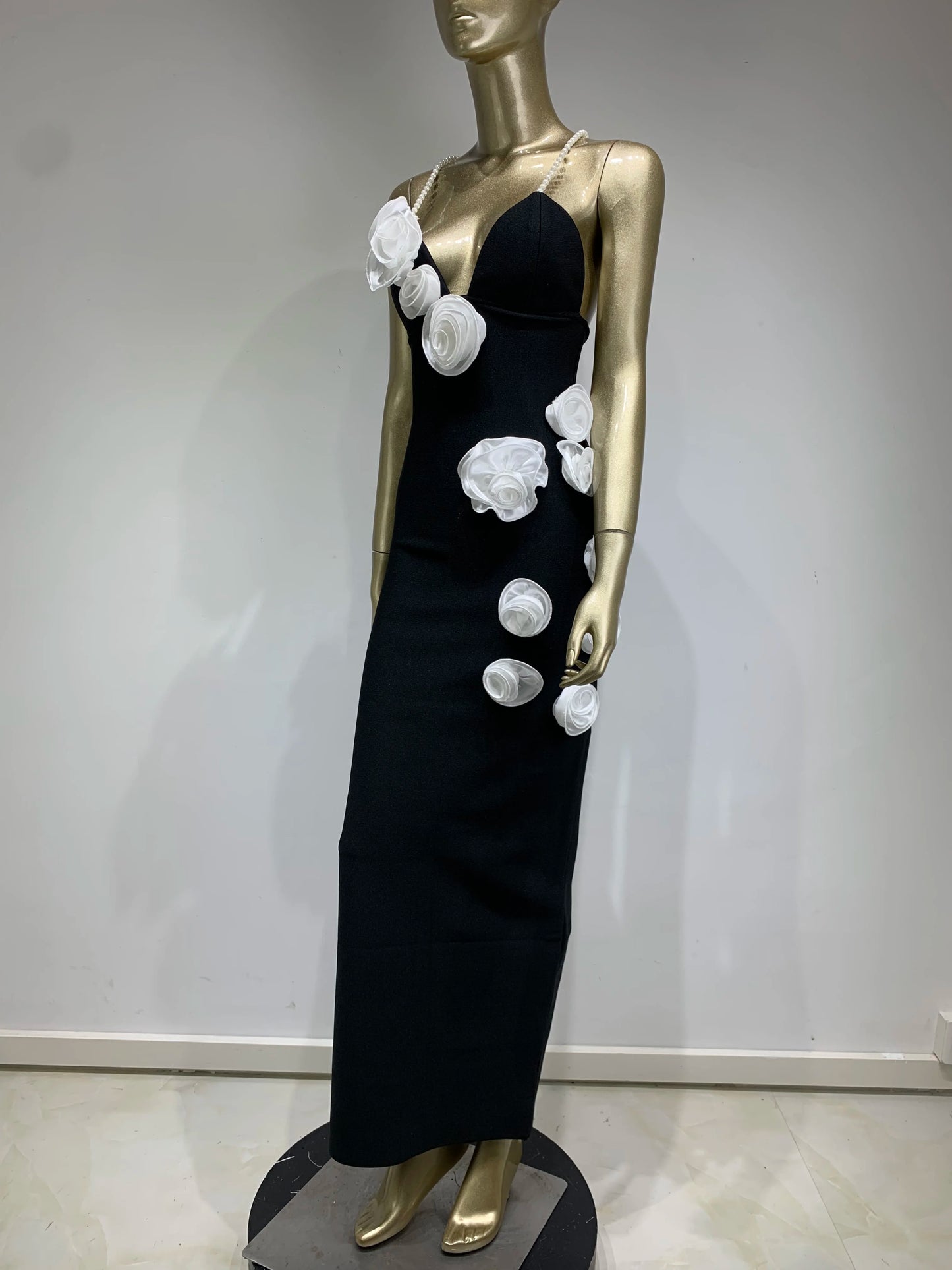 Flower Detail Pearl Straps Maxi Dress HV9874