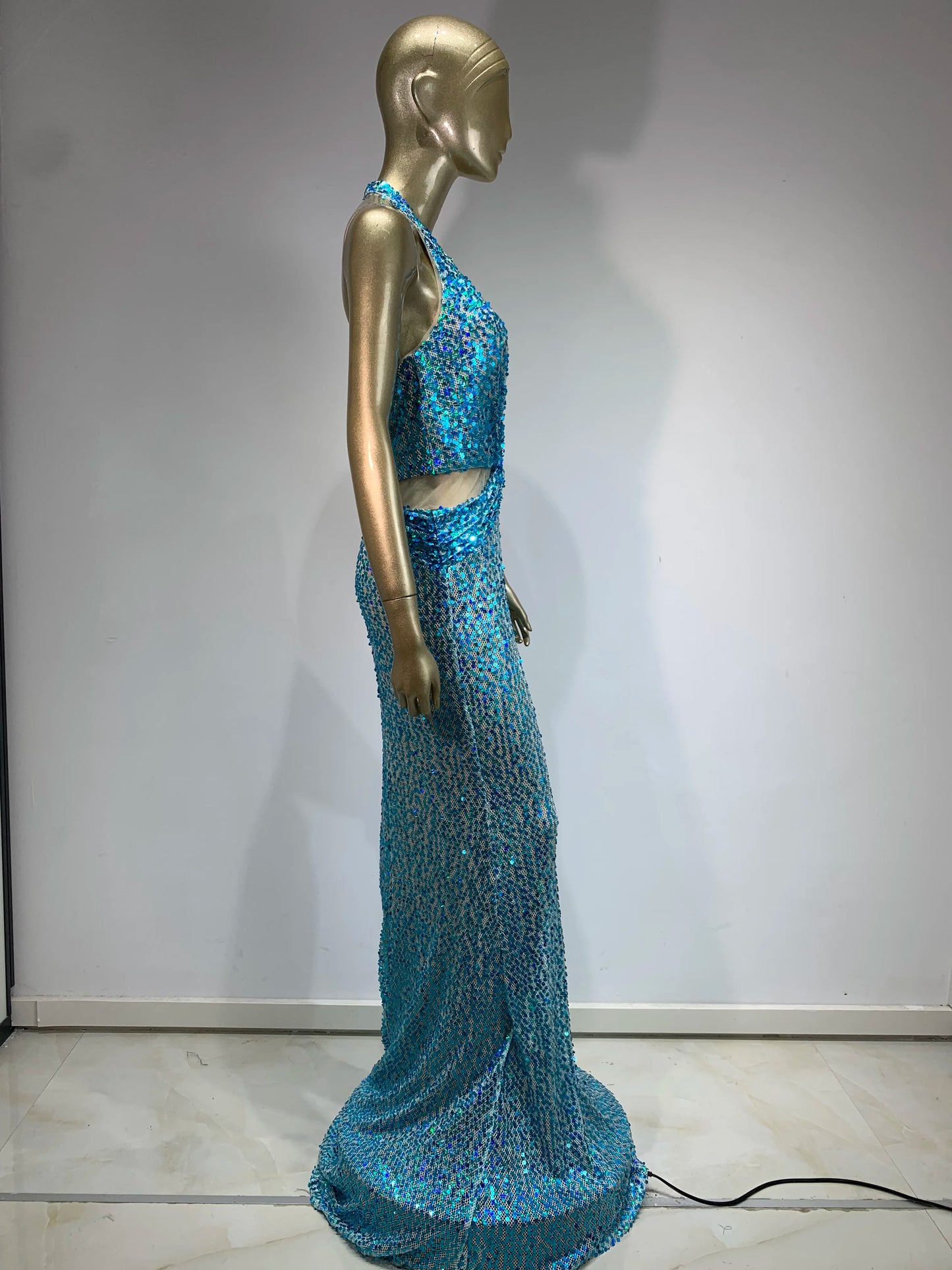 Halter Sequin Maxi Dress Turquoise HV1539