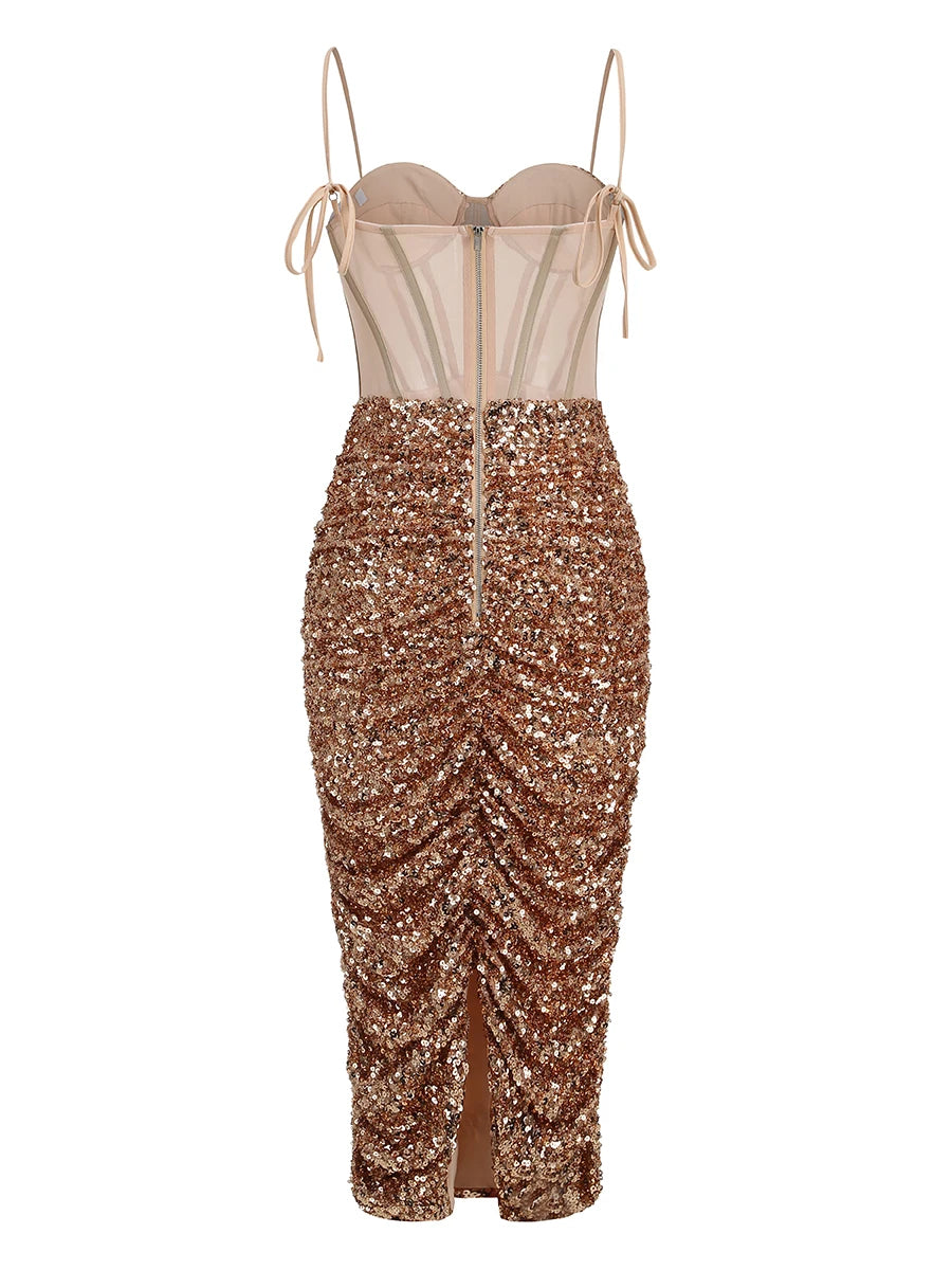 Sequin Bustier Draped Midi Dress HV9306
