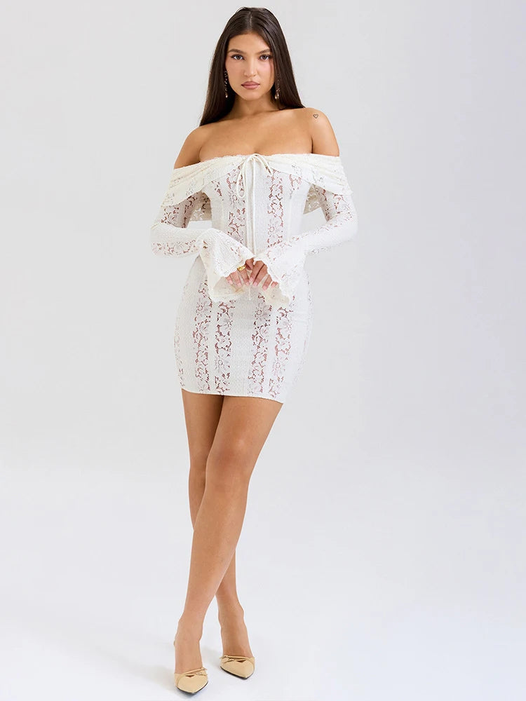 Long Sleeve Bardot Lace Insert Dress White