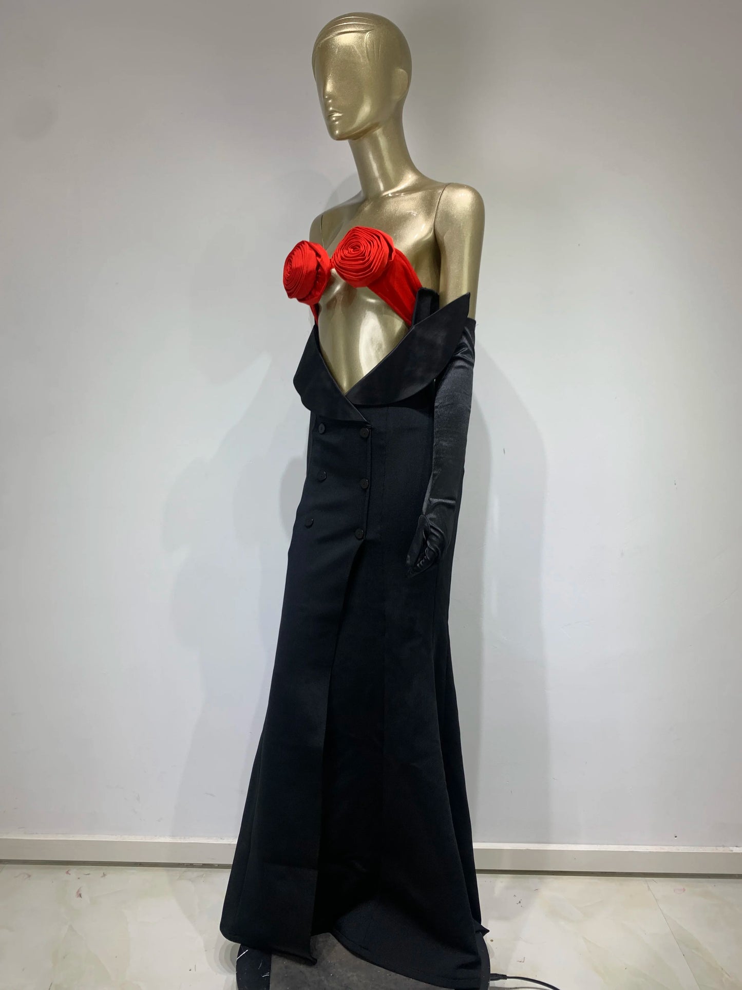 Rose Bustier Mermaid Maxi Dress Black Red HV9744