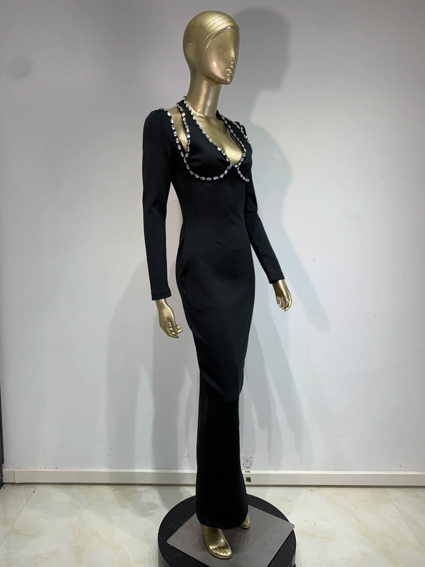Long Sleeve Halter Crystal Bustier Maxi Dress Black HV1808