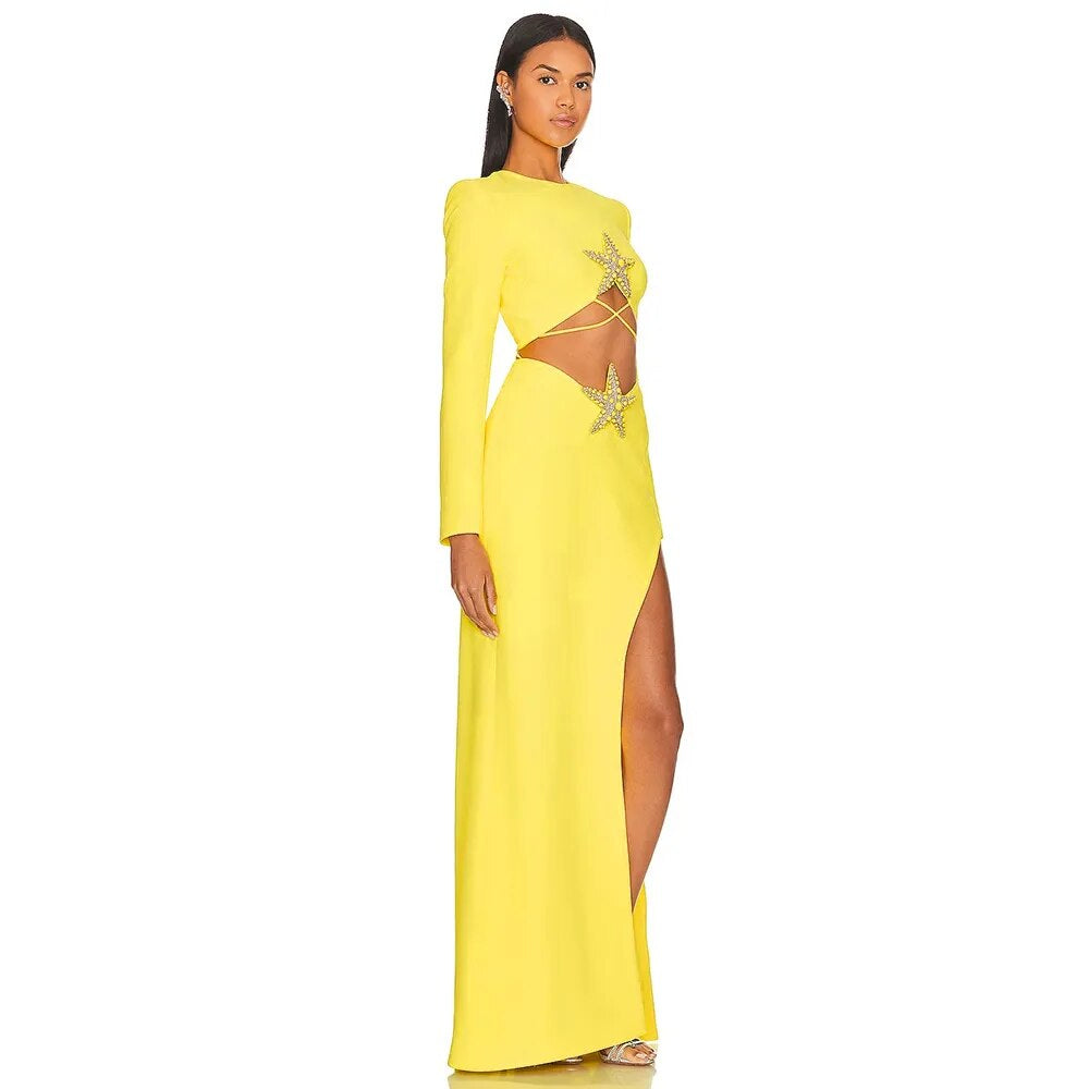 Long Sleeve Star Detail Two Piece Maxi Dress Yellow HV9902