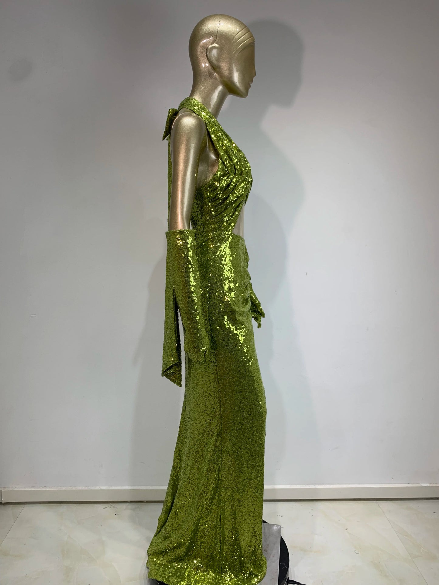 Halter Draped Sequin Maxi Dress Green HV1141