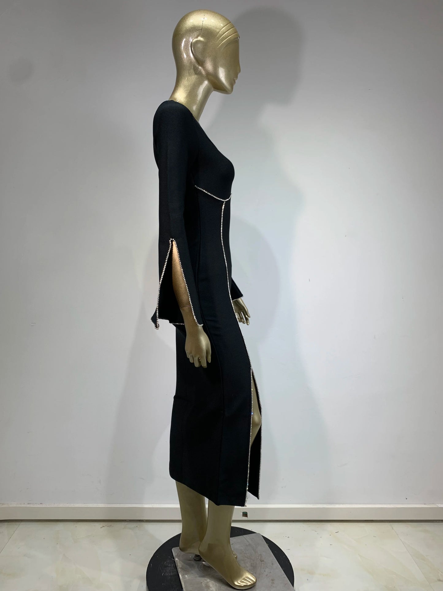 Long Sleeve Crystal Trim Midi Dress Black
