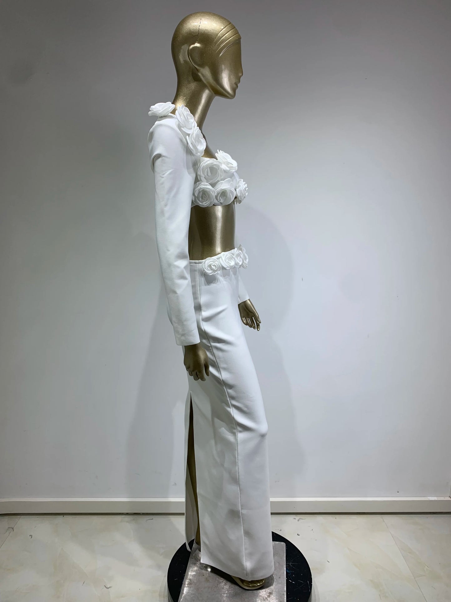 Long Sleeve Flower Detail Two Piece Maxi Dress White HV1155